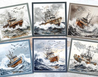 Fishing Trawlers Stormy Seas Card Tags Toppers Card Making Decoration 3.5"