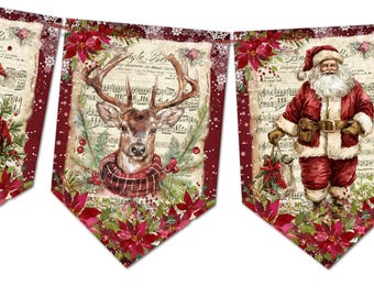 Puede incluir: Una festiva pancarta navideña con Papá Noel, un reno y notas musicales. La pancarta tiene un borde burdeos con flores de pascua y copos de nieve. Papá Noel y el reno llevan ropa roja y marrón.