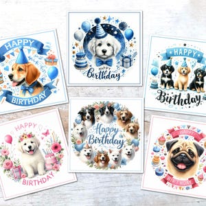 May include: A collection of six square birthday cards with dog illustrations. Each card features a different dog breed, party hats, and the words "Happy Birthday". The designs use blue and pink colour schemes.