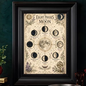 Può includere: Una stampa artistica da parete incorniciata intitolata The Eight Phases of the Moon, che presenta una luna piena centrale circondata da otto fasi lunari disposte in cerchio. Lo sfondo color crema include illustrazioni botaniche, costellazioni e testo.