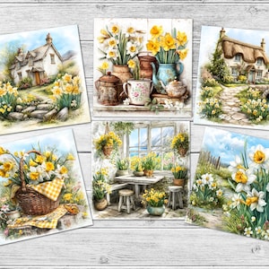 Könnte beinhalten: Fünf Aquarelldrucke mit Frühlingsszenen mit Narzissen. Ein Druck zeigt ein Cottage mit einem Steinweg und Narzissen. Ein anderer zeigt einen Korb mit Narzissen und Schmetterlingen. Weitere zeigen Vasen mit Narzissen.