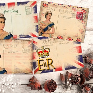 4x Tattered Vintage Style in memoria della regina Elisabetta II cartoline vuote e buste