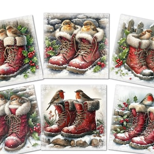 Op de afbeelding: Waterverfillustraties van rode winterlaarzen met witte bontafwerking, hulst en vogels in een besneeuwde scène. De laarzen zijn geregen en staan in de sneeuw. De vogels zitten op de laarzen of nestelen erin.