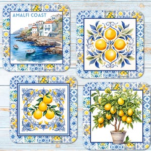Set of 4 Amalfi Coast Lemons & Tiles Mediterranean Style Glossy Drinks Coasters
