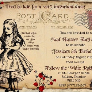 May include: Vintage-style postcard invitation for a Mad Hatter's Tea Party, featuring an illustration of Alice from Alice in Wonderland. The invitation includes details for Jessica's 8th birthday, with a vintage stamp and floral accents.