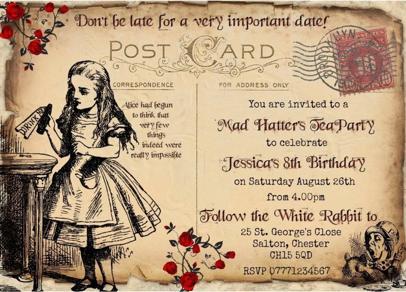 May include: Vintage-style postcard invitation for a Mad Hatter's Tea Party, featuring an illustration of Alice from Alice in Wonderland. The invitation includes details for Jessica's 8th birthday, with a vintage stamp and floral accents.