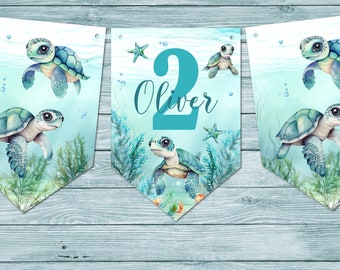 May include: A blue and green banner with the number 2 and the name Oliver. The banner features a sea turtle theme with illustrations of sea turtles swimming in the ocean.