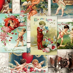 8 enfeites de etiquetas de cartões ATC de cupidos de namorados vintage