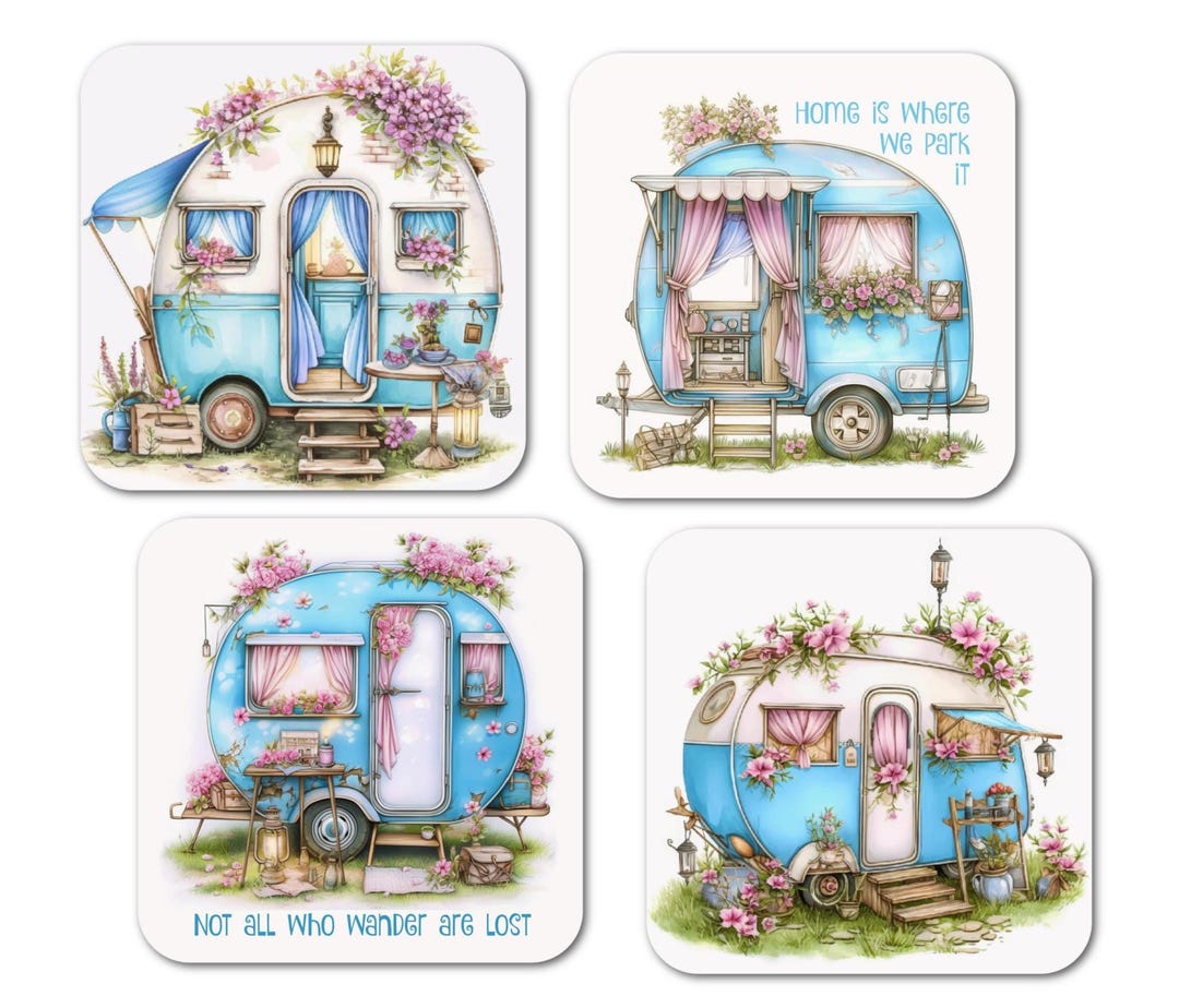 Blue Caravan Coaster Set - 4 Pink Floral Glossy Drinks Tea Coffee ...