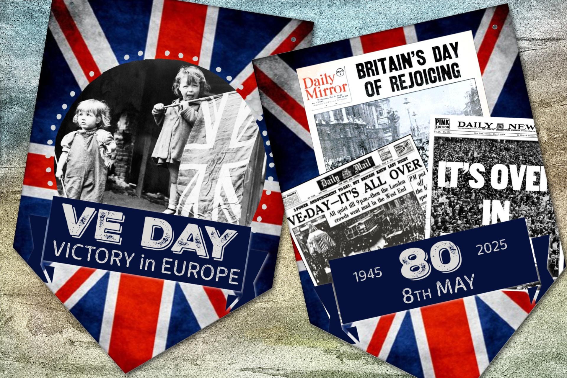 VE Day Vintage Photograph Union Jack Bunting 80 Years Celebration ...