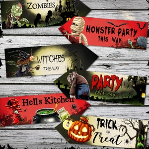 Puede incluir: Cinco señales direccionales para una fiesta de Halloween con ilustraciones y texto espeluznantes. Las señales dicen "Zombies", "Witches This Way", "Monster Party This Way", "Party This Way", y "Trick or Treat".