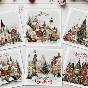 May include: A collection of six square Christmas cards. Each card showcases a watercolour illustration of a festive village scene, with snow-covered buildings and trees. The cards feature the text "Merry Christmas" or "May your days be Merry & Bright".