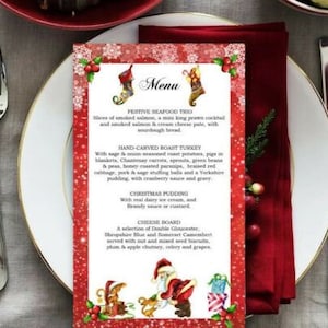 Spersonalizowane karty menu na świąteczny lunch/kolację z motywem Świętego Mikołaja i Rudolfa