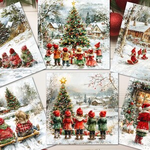 Kinderen spelen in de sneeuw - 6 kaarttoppers Decoraties voor het maken van kaarten, 3,25" vierkant