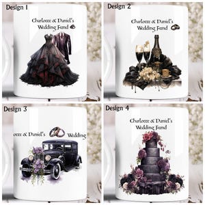 May include: Four different designs for a wedding mug. Each mug features a black and white illustration of a wedding theme. The first mug shows a bride and groom in a gothic style. The second mug shows a bottle of champagne, two glasses, and a bouquet of flowers. The third mug shows a vintage car with a bouquet of flowers on the hood. The fourth mug shows a black wedding cake with flowers and rings.
