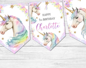 Rainbow Unicorn Bunting & Ribbon, Girl's gepersonaliseerde Party Bunting decoratie