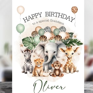 Carte d'anniversaire personnalisée sur papier glacé Animaux de safari de la jungle - Taille et destinataire au choix