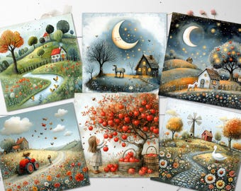 6 etiquetas/adornos para tarjetas de la vida rural primitiva, decoraciones para hacer tarjetas - Cuadrado de 8,9 cm