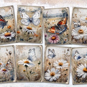8 adornos rústicos para tarjetas de mariposas y margaritas, etiquetas para libros de recortes, tarjetas de diario