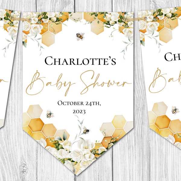 Personalised Cream Floral Honey Bee Baby Shower Party Bunting/Banner & Ribbon