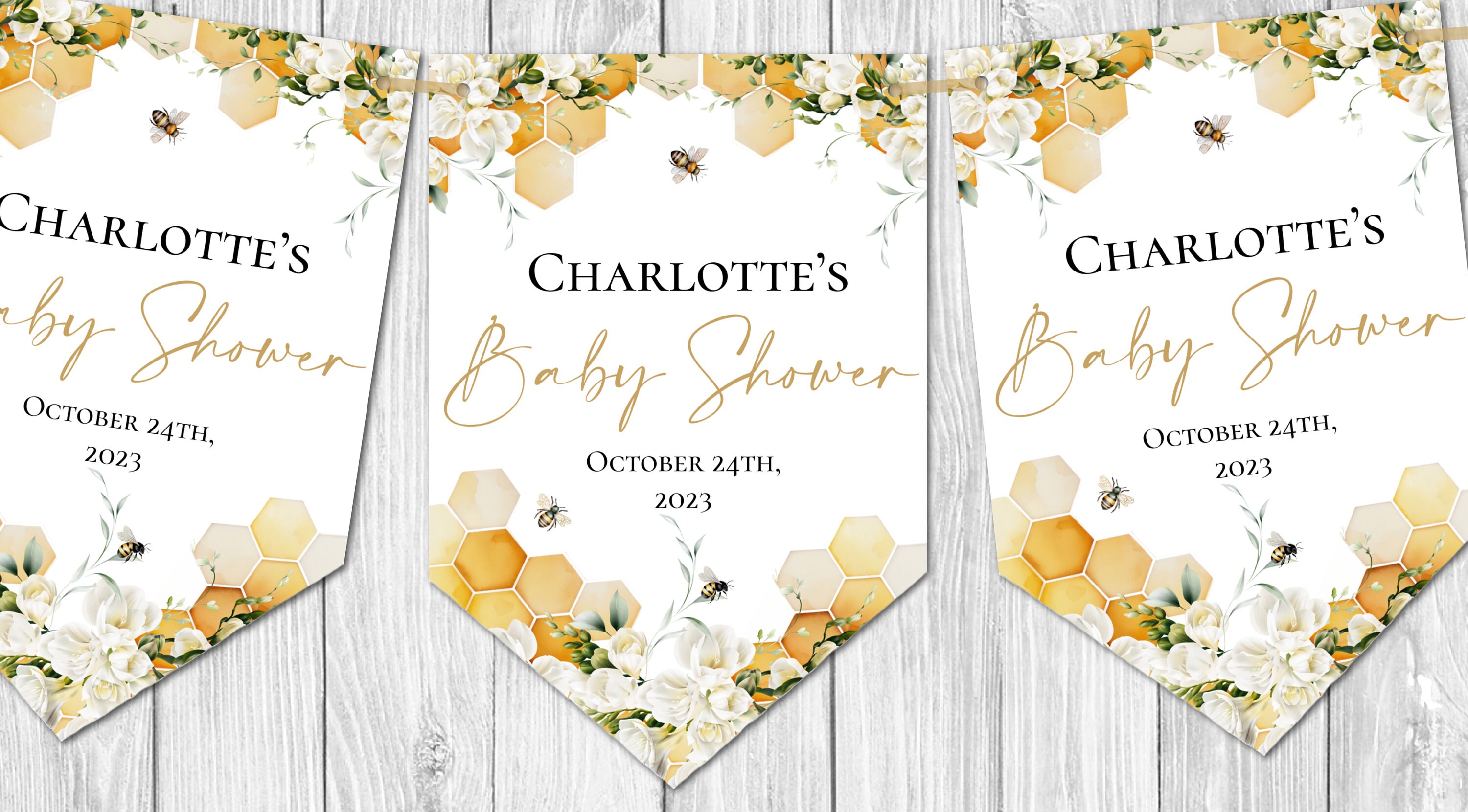 Gepersonaliseerde crèmekleurige bloemen honingbij babyshower feestgors/banner en lint