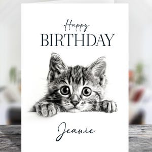 Gepersonaliseerde schattige grijze kitten kat verjaardagskaart - Kies de maat