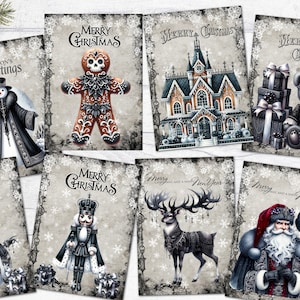 8 etiquetas/Toppers ATC de estilo gótico navideño, adornos para tarjetas en negro y gris