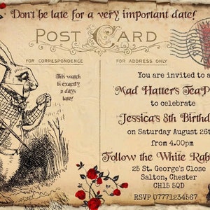 May include: Vintage-style postcard invitation for a Mad Hatter's Tea Party, featuring the White Rabbit from Alice in Wonderland. The card includes text, red roses, and a stamp, with details for Jessica's 8th birthday.