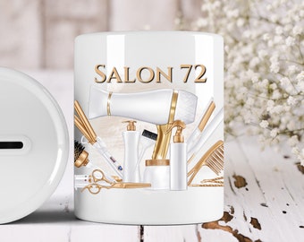 Personalisiertes Sparschwein Für Friseurinnen & Beauty-Profis – Individueller Name, Berufsmotiv, Weißes Design