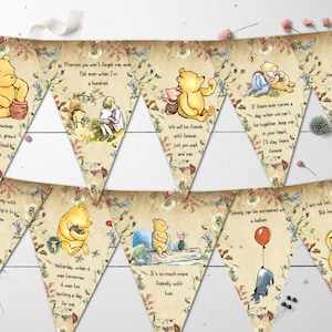 Banderines/banderines de flores silvestres estilo vintage de Winnie the Pooh con cinta - 12 banderines