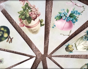 May include: A set of ten triangular paper pennants with various Easter-themed images, including a chick, a basket of flowers, and an egg. The pennants are white with a light brown background and are decorated with colorful illustrations.