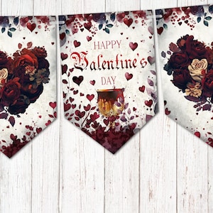 Valentine&#39;s Day Bunting/Banner & Ribbon Gothic Floral Rose Hearts Style