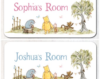 Personalised Winnie the Pooh Bedroom Metal Door Sign Name Plaque, Pink or Blue