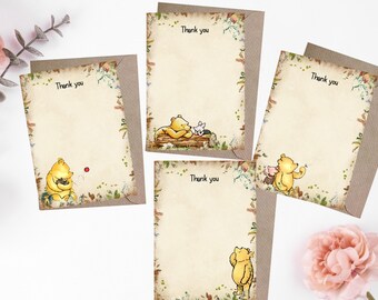 4 Winnie the Pooh Single Sided Thank you Cards & Envelopes