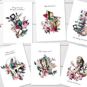 6 cartões/cartões de felicitações de Alice no país das maravilhas em branco e envelopes brancos