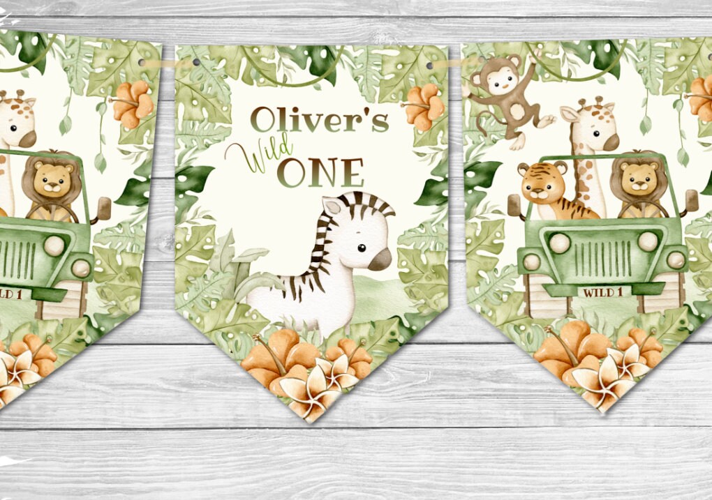 Personalised Wild ONE Party Jungle Safari Bunting/Banner & Ribbon - Any Occasion