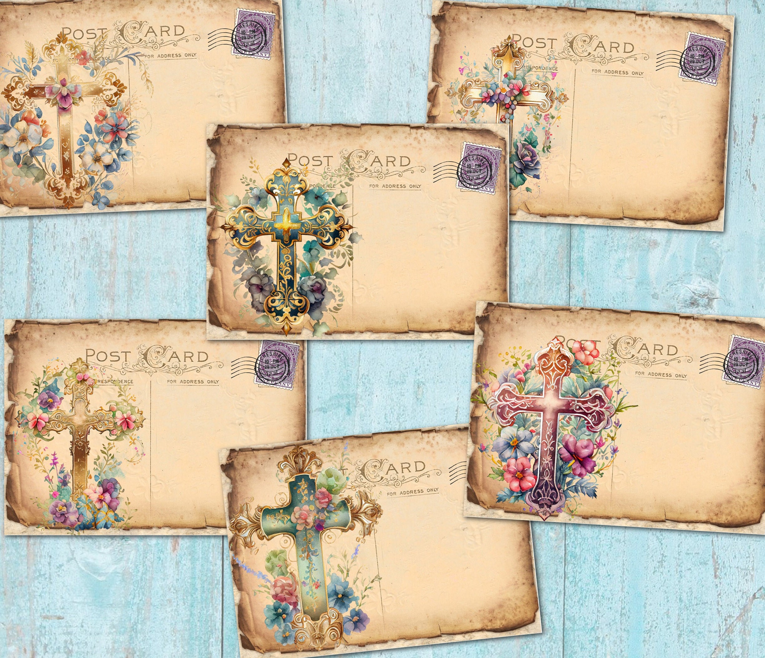 6 Spring Easter Floral Cross Post Cards Vintage Tatty Style - Etsy