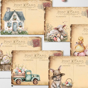 6 cartes postales de Pâques, animaux rustiques printaniers, style Tatty vintage (B)