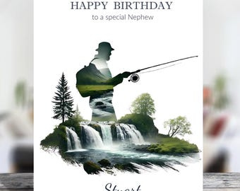 Tarjeta de felicitación de cumpleaños personalizada para pescador: elige el tamaño y el destinatario
