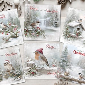 May include: A set of six square greeting cards featuring winter scenes with birds, snow-covered trees, and festive text. Designs include birds in hats, a birdhouse, and snowy landscapes with red script reading Merry Christmas and Happy New Year.