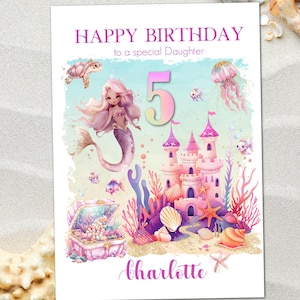 Carte d'anniversaire personnalisée sirène rose pailletée scintillante - tout âge, taille au choix