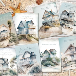 May include: A set of ten watercolour illustrations featuring beach houses with inspirational quotes. The illustrations are painted in shades of blue, green, and brown, with a beachy theme.