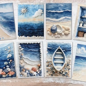 Puede incluir: Una colección de ocho pinturas de acuarela con escenas costeras. La obra de arte representa playas, olas del océano, conchas marinas y un pequeño bote. La paleta de colores está dominada por tonos de azul, blanco y beige, evocando un tema sereno y náutico.