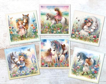 Adornos florales para tarjetas de niña y poni con diseño de prado de verano - Cuadrado de 8,9 cm