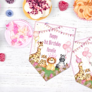 Pink Jungle Safari Bunting Personalizado - Bautizo Baby Shower Fiesta de Cumpleaños