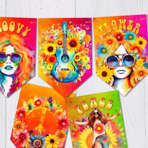 Puede incluir: Un conjunto de seis banderines coloridos con temática de los años 70. Los banderines presentan una guitarra, flores, signos de paz y las palabras "Groovy", "Flower" y "Peace".