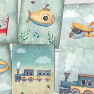 8 ATC Card Making Tags Abbellimenti - Aerei, Treni e Barche Stile Primitivo
