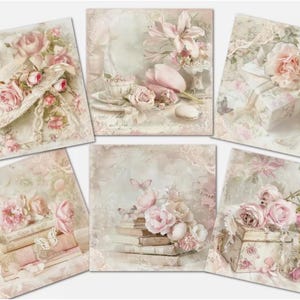6 roses et dentelle pour étiquettes/Toppers pour cartes, décorations pour cartes - 3,25 po. carré