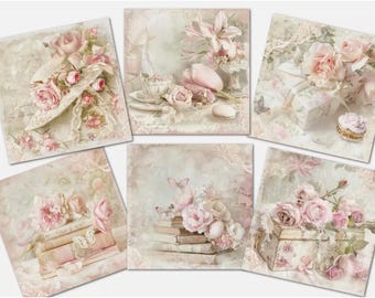 6 Etiquetas/Adornos para Tarjetas con Rosas y Encaje - Decoraciones para Hacer Tarjetas - Cuadradas de 8,25 cm (3,25")