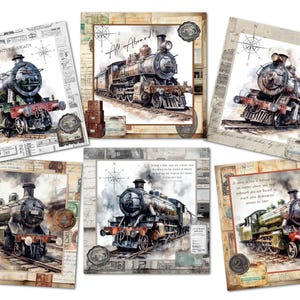 6 etiquetas/adornos para tarjetas con trenes de vapor vintage, decoraciones para tarjetas - Cuadrado de 8,9 cm